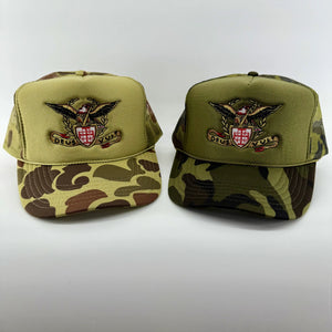 Deus Vult Banner with Crusader Jerusalem Cross Shield and Eagle Embroidered Camo Hat
