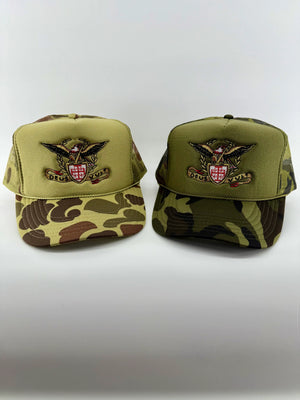 Deus Vult Banner with Crusader Jerusalem Cross Shield and Eagle Embroidered Camo Hat
