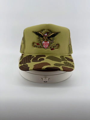 Deus Vult Banner with Crusader Jerusalem Cross Shield and Eagle Embroidered Camo Hat