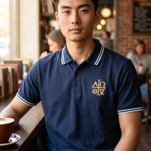 Alpha Omega Symbol Embroidered Navy Polo Shirt Catholic Liturgical Apparel