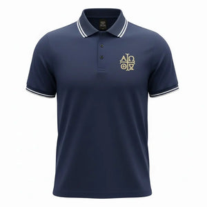 Alpha Omega Symbol Embroidered Navy Polo Shirt Catholic Liturgical Apparel