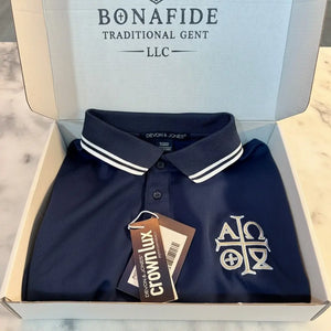 Alpha Omega Symbol Embroidered Navy Polo Shirt Catholic Liturgical Apparel