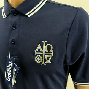 Alpha Omega Symbol Embroidered Navy Polo Shirt Catholic Liturgical Apparel