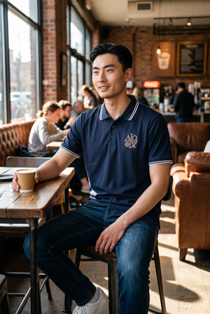 Alpha Omega Symbol Embroidered Navy Polo Shirt Catholic Liturgical Apparel
