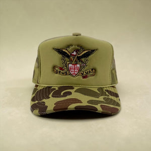 Deus Vult Banner with Crusader Jerusalem Cross Shield and Eagle Embroidered Camo Hat