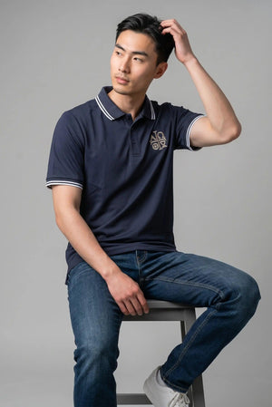 Alpha Omega Symbol Embroidered Navy Polo Shirt Catholic Liturgical Apparel