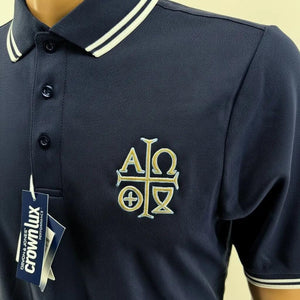 Alpha Omega Symbol Embroidered Navy Polo Shirt Catholic Liturgical Apparel