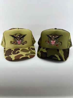 Deus Vult Banner with Crusader Jerusalem Cross Shield and Eagle Embroidered Camo Hat