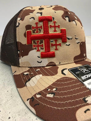 Jerusalem Cross Embroidered Trucker Hat: 3D Puff Emblem Snapback