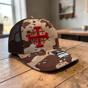 Jerusalem Cross Embroidered Trucker Hat: 3D Puff Emblem Snapback