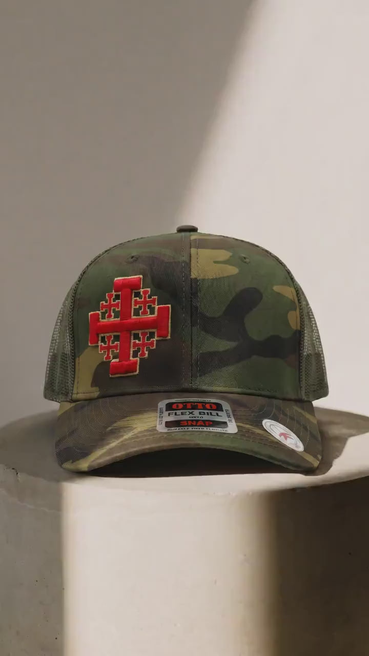 Jerusalem Cross Embroidered Trucker Hat: 3D Puff Emblem Snapback